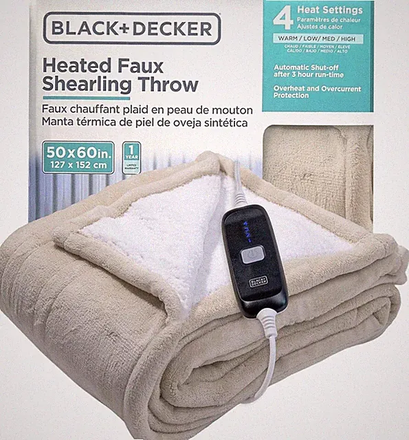 BLACK+DECKER Heated Throw Blanket, 50" x 60", Faux Shearling, 4 Heat Settings