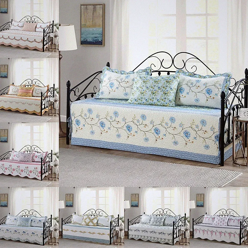 Farmhouse Floral Daybed Quilt Set 4-Piece Embroidered Reversible Bedding