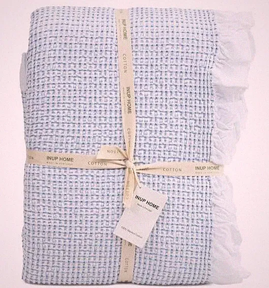 QUEEN Coverlet Comforter Blanket w/ruffle trim Honeycomb 100% cotton INUP blue